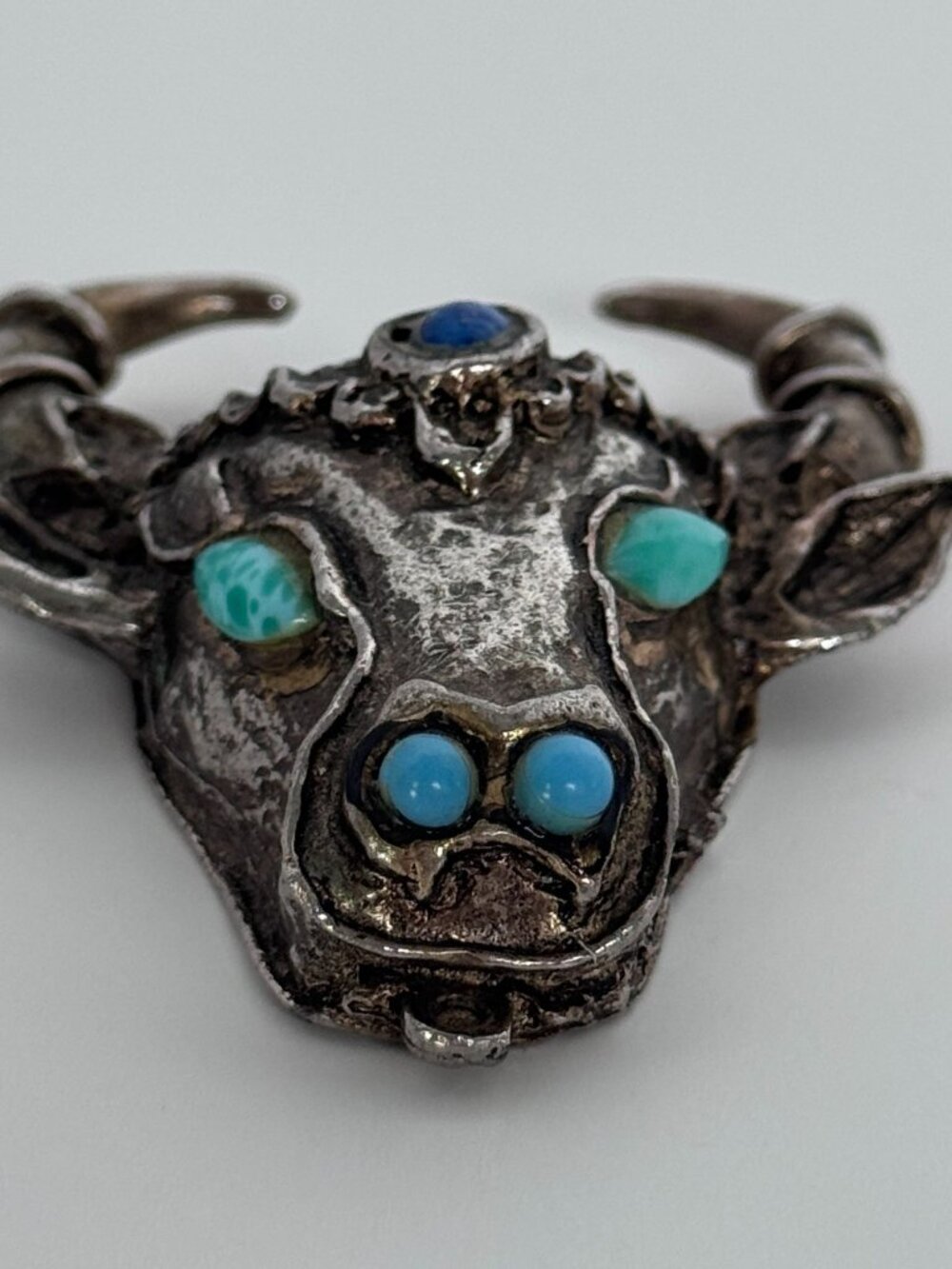 Bull Head Pendant Silver Tone Taurus Boho Mid Century Jewelry Vintage Ox Skull - Picture 2 of 11